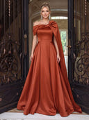 Satin Evening Dresses A Line Off Shoulder Floor Lengh Formal Dresses with Cape/Zipper Back
