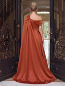 Satin Evening Dresses A Line Off Shoulder Floor Lengh Formal Dresses with Cape/Zipper Back
