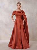 Satin Evening Dresses A Line Off Shoulder Floor Lengh Formal Dresses with Cape/Zipper Back