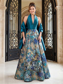 Jacquard Evening Dresses A Line Hatle Floor Lengh Formal Dresses with Satia Scarf/Zipper Back