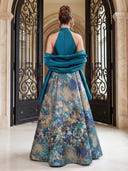 Jacquard Evening Dresses A Line Hatle Floor Lengh Formal Dresses with Satia Scarf/Zipper Back