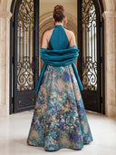 Jacquard Evening Dresses A Line Hatle Floor Lengh Formal Dresses with Satia Scarf/Zipper Back