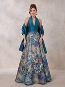 Jacquard Evening Dresses A Line Hatle Floor Lengh Formal Dresses with Satia Scarf/Zipper Back