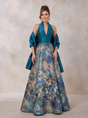Jacquard Evening Dresses A Line Hatle Floor Lengh Formal Dresses with Satia Scarf/Zipper Back