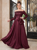 Satin Evening Dresses A Line Off Shoulder Floor Lengh Formal Dresses with Sequin Long Sleeves/Zipper Back