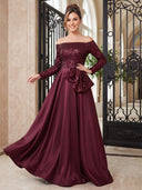 Satin Evening Dresses A Line Off Shoulder Floor Lengh Formal Dresses with Sequin Long Sleeves/Zipper Back