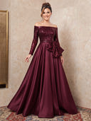 Satin Evening Dresses A Line Off Shoulder Floor Lengh Formal Dresses with Sequin Long Sleeves/Zipper Back