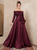 Satin Evening Dresses A Line Off Shoulder Floor Lengh Formal Dresses with Sequin Long Sleeves/Zipper Back