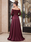 Satin Evening Dresses A Line Off Shoulder Floor Lengh Formal Dresses with Sequin Long Sleeves/Zipper Back