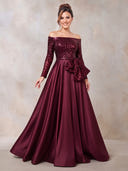 Satin Evening Dresses A Line Off Shoulder Floor Lengh Formal Dresses with Sequin Long Sleeves/Zipper Back