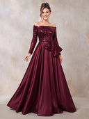 Satin Evening Dresses A Line Off Shoulder Floor Lengh Formal Dresses with Sequin Long Sleeves/Zipper Back