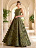 Jacquard Evening Dresses A Line Satin Crew Neck Floor Lengh Formal Dresses Zipper Back