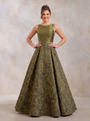 Jacquard Evening Dresses A Line Satin Crew Neck Floor Lengh Formal Dresses Zipper Back