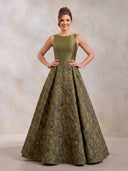 Jacquard Evening Dresses A Line Satin Crew Neck Floor Lengh Formal Dresses Zipper Back