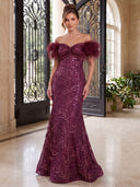 Sequin Evening Dresses Meramid Off Shoulder Floor Lengh Formal Dresses with Feather/Zipper Back