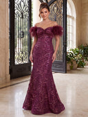 Sequin Evening Dresses Meramid Off Shoulder Floor Lengh Formal Dresses with Feather/Detachable Cape/Zipper Back