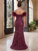 Sequin Evening Dresses Meramid Off Shoulder Floor Lengh Formal Dresses with Feather/Zipper Back