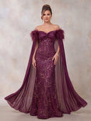 Sequin Evening Dresses Meramid Off Shoulder Floor Lengh Formal Dresses with Feather/Detachable Cape/Zipper Back