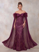 Sequin Evening Dresses Meramid Off Shoulder Floor Lengh Formal Dresses with Feather/Detachable Cape/Zipper Back