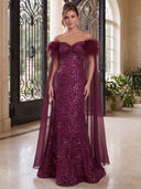 Sequin Evening Dresses Meramid Off Shoulder Floor Lengh Formal Dresses with Feather/Detachable Cape/Zipper Back