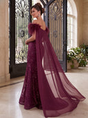 Sequin Evening Dresses Meramid Off Shoulder Floor Lengh Formal Dresses with Feather/Detachable Cape/Zipper Back