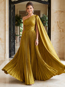 Satin Evening Dresses A Line One Shoulder Floor Lengh Formal Dresses with Cape/Zipper Back