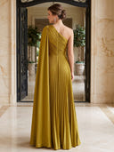 Satin Evening Dresses A Line One Shoulder Floor Lengh Formal Dresses with Cape/Zipper Back