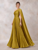 Satin Evening Dresses A Line One Shoulder Floor Lengh Formal Dresses with Cape/Zipper Back