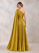 Satin Evening Dresses A Line One Shoulder Floor Lengh Formal Dresses with Cape/Zipper Back