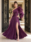 Satin Evening Dresses with Slit A Line One Shoulder Long Sleeves Floor Lengh Formal Dresses with Feather/Zipper Back