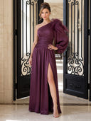 Satin Evening Dresses with Slit A Line One Shoulder Long Sleeves Floor Lengh Formal Dresses with Feather/Zipper Back