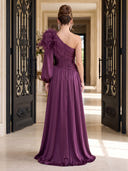 Satin Evening Dresses with Slit A Line One Shoulder Long Sleeves Floor Lengh Formal Dresses with Feather/Zipper Back