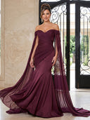 Satin Evening Dresses Mermaid Off Shoulder Cape Sleeves Floor Lengh Formal Dresses with Pleats/Zipper Back