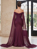 Satin Evening Dresses Mermaid Off Shoulder Cape Sleeves Floor Lengh Formal Dresses with Pleats/Zipper Back
