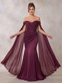 Satin Evening Dresses Mermaid Off Shoulder Cape Sleeves Floor Lengh Formal Dresses with Pleats/Zipper Back