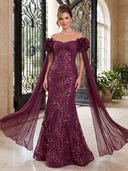 Sequin Lace Evening Dresses Mermaid Off Shoulder Cape Sleeves Floor Lengh Formal Dresses with 3D Flower/Zipper Back