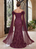 Sequin Lace Evening Dresses Mermaid Off Shoulder Cape Sleeves Floor Lengh Formal Dresses with 3D Flower/Zipper Back