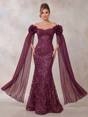 Sequin Lace Evening Dresses Mermaid Off Shoulder Cape Sleeves Floor Lengh Formal Dresses with 3D Flower/Zipper Back