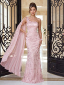 Lace Evening Dresses Mermaid One Shoulder Floor Lengh Formal Dresses with Chiffon Cape/Zipper Back