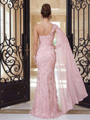 Lace Evening Dresses Mermaid One Shoulder Floor Lengh Formal Dresses with Chiffon Cape/Zipper Back