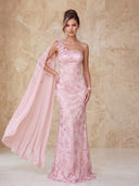 Lace Evening Dresses Mermaid One Shoulder Floor Lengh Formal Dresses with Chiffon Cape/Zipper Back