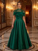 A Line Evening Dresses High Neck Short Sleeves Satin Floor Lengh Formal Dresses Christmas Party Dresses with Beads/Zipper Back