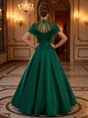 A Line Evening Dresses High Neck Short Sleeves Satin Floor Lengh Formal Dresses Christmas Party Dresses with Beads/Zipper Back