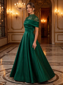 A Line Evening Dresses High Neck Short Sleeves Satin Floor Lengh Formal Dresses Christmas Party Dresses with Beads/Zipper Back
