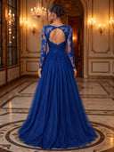 A Line Evening Dresses with Slit V Neck Long Sleeves Tulle Floor Lengh Formal Dresses Prom Dresses with Lace/Zipper Back