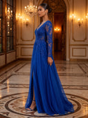 A Line Evening Dresses with Slit V Neck Long Sleeves Tulle Floor Lengh Formal Dresses Prom Dresses with Lace/Zipper Back