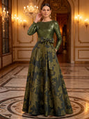 A Line Evening Dresses Crew Neck Long Sleeves Jacquard Dress Floor Lengh Formal Dresses with Bow/Zipper Back