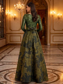 A Line Evening Dresses Crew Neck Long Sleeves Jacquard Dress Floor Lengh Formal Dresses with Bow/Zipper Back