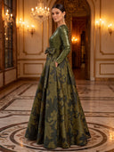 A Line Evening Dresses Crew Neck Long Sleeves Jacquard Dress Floor Lengh Formal Dresses with Bow/Zipper Back