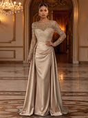 Mermaid Evening Dresses Sequin Crew Neck Long Sleeves Satin Dress Floor Lengh Formal Dresses Zipper Back